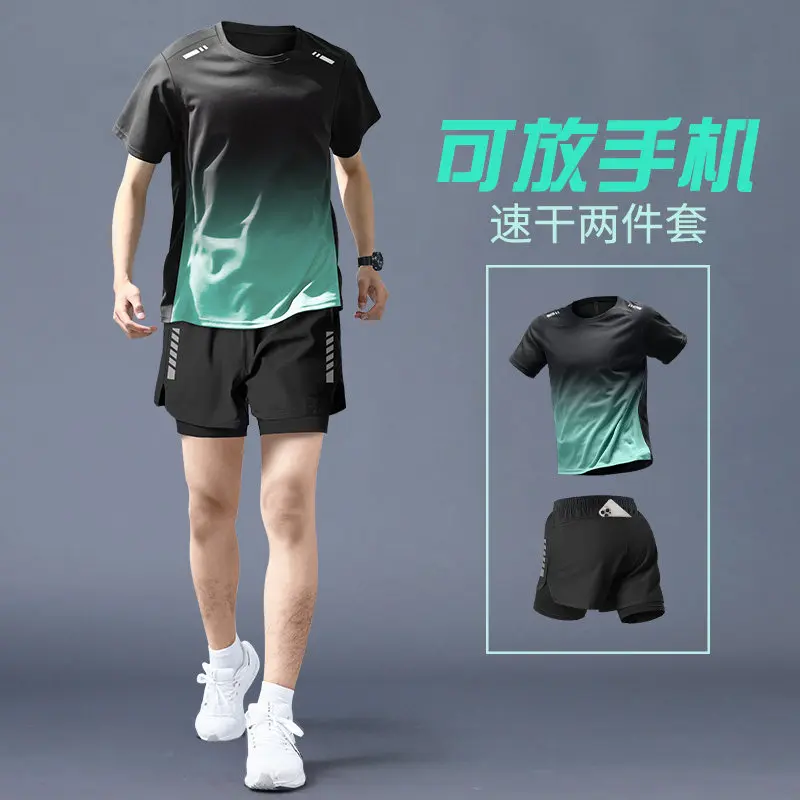 New Gear Running - ชุดวิ่งสำหรับผู้ชาย - เสื้อและกางเกงออกกำลังกายแบบแห้งเร็ว, กางเกงขาสั้นฤดูร้อนและกางเกงรัดรูปฤดูใบไม้ผลิ, อุปกรณ์ฝึกซ้อมปั่นจักรยานมาราธอน, ชุดกีฬาใหม่