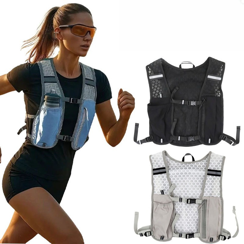 New Gear Running - เสื้อกั๊กวิ่งสะท้อนแสงน้ำหนักเบาแบบใหม่สำหรับปั่นจักรยานและเล่นกีฬา พร้อมช่องใส่ขวดน้ำ ช่องเก็บโทรศัพท์ และกระเป๋าเป้สะพายหลังสำหรับกิจกรรมกลางแจ้ง